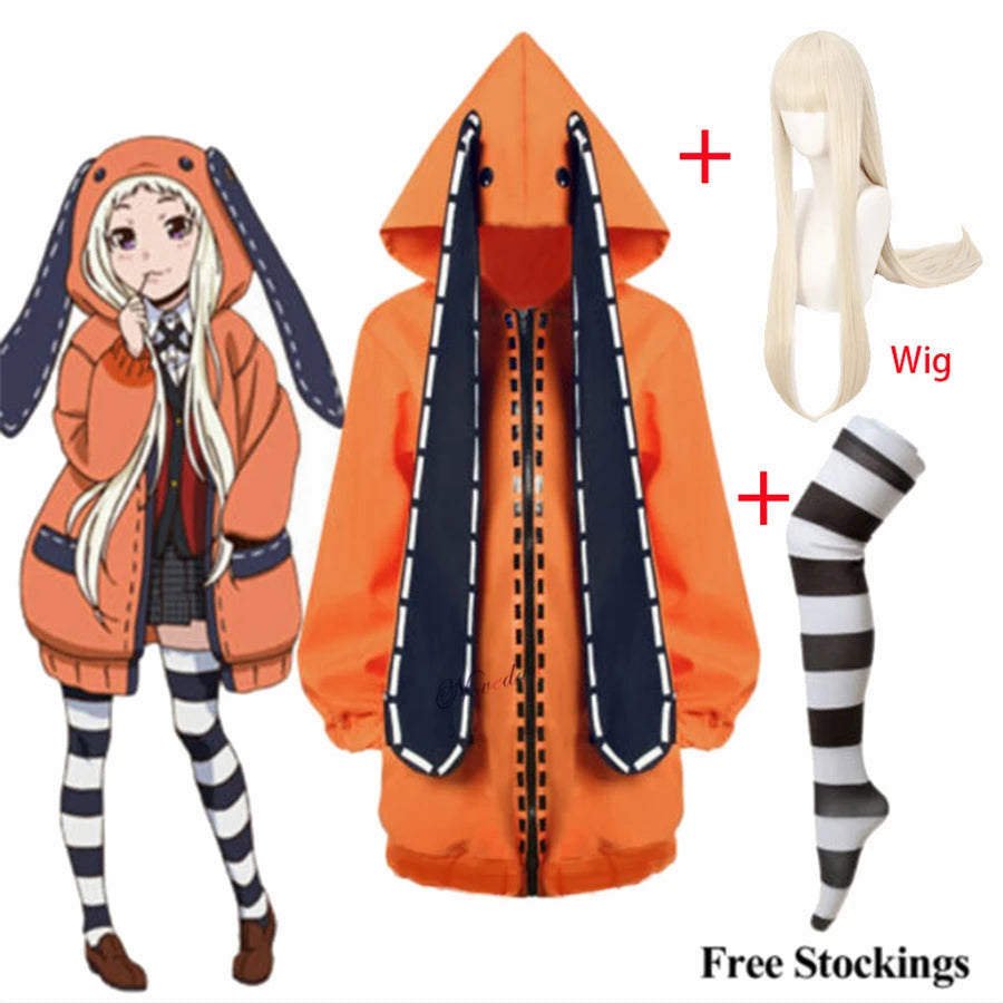 Anime Kakegurui Cosplay Rune Yomozuki Cosplay Costume for Girls Women Runa Orange Hoodie Zip Jacket Coat Wig Socks Full Set